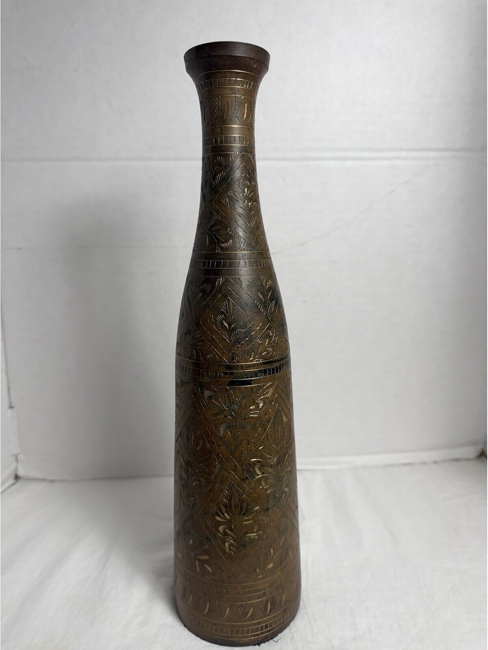 Vintage Hand-Etched Indian Solid Brass Bottle Vase Engraved Floral Décor